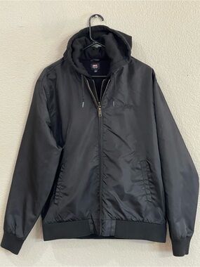 OBEY Black Hooded Varsity Bomber Jacket
Men’s Size Large.